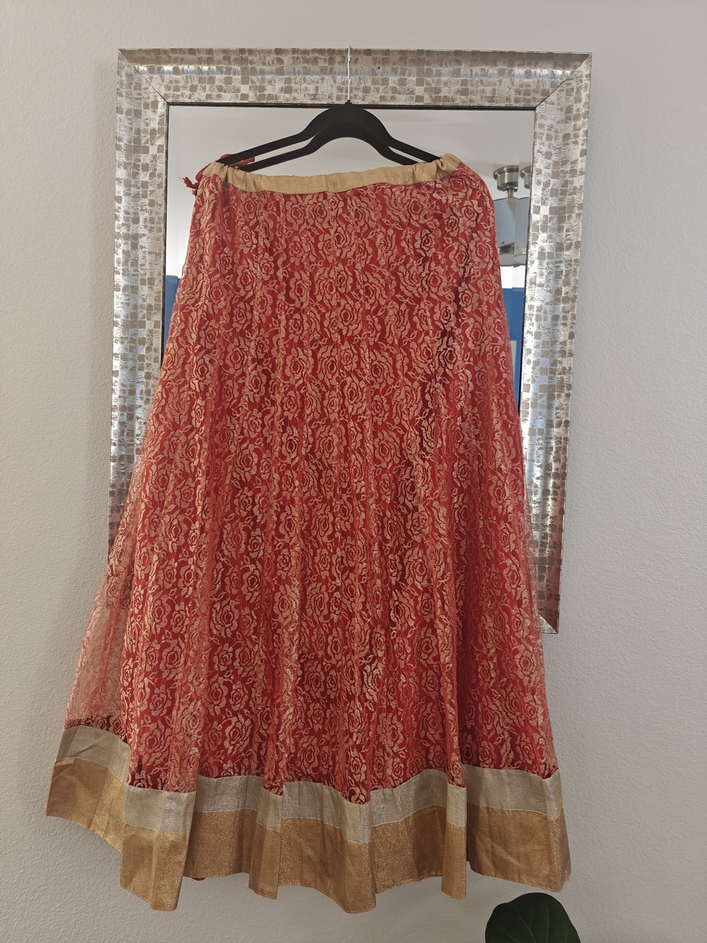 Women’s Red Lace Maxi Skirt with Gold Trim